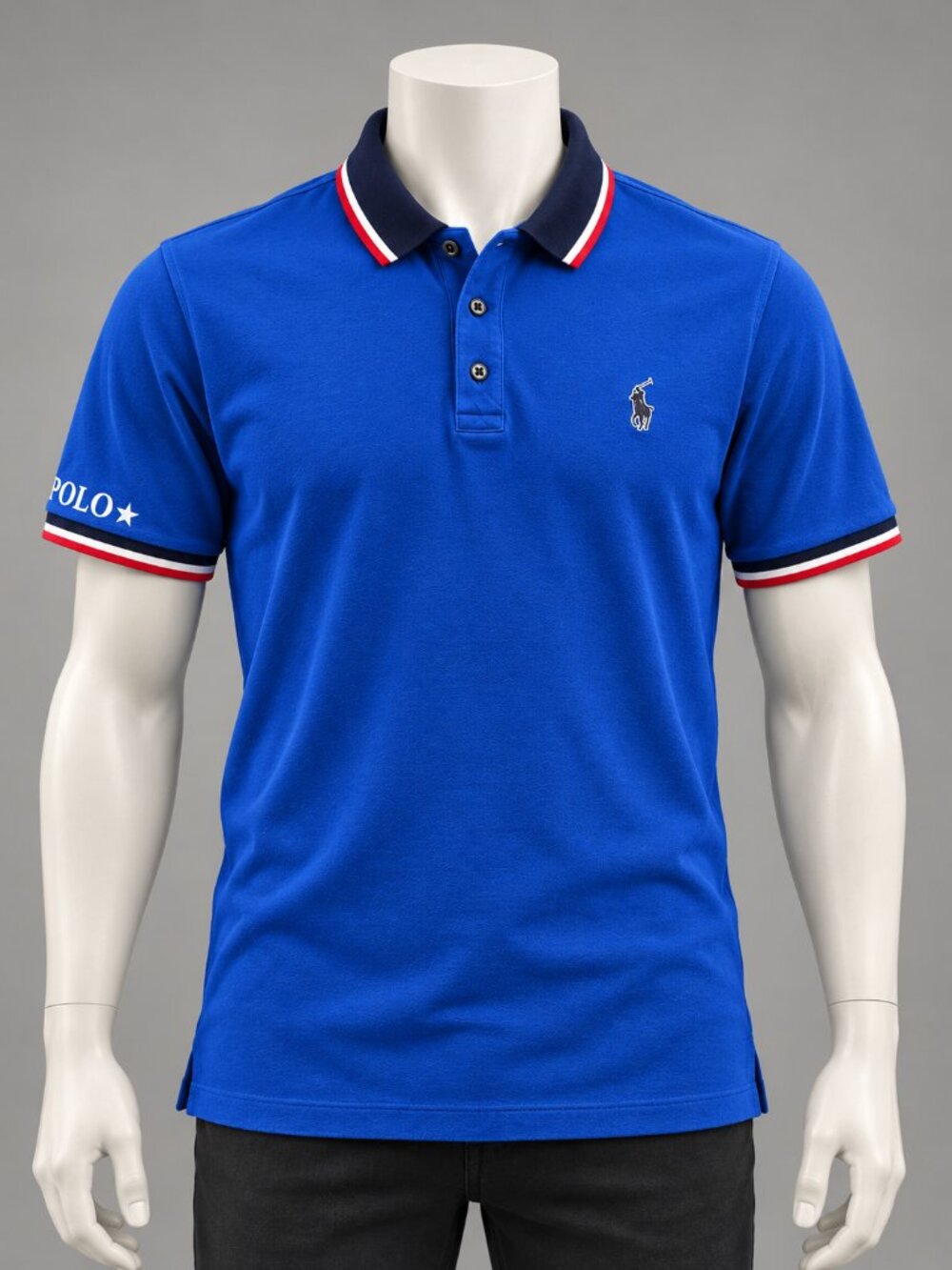 Polo Ralph Lauren Blue Polo Shirt XL Black Red Tipped Collar Pony Logo - Picture 2 of 8